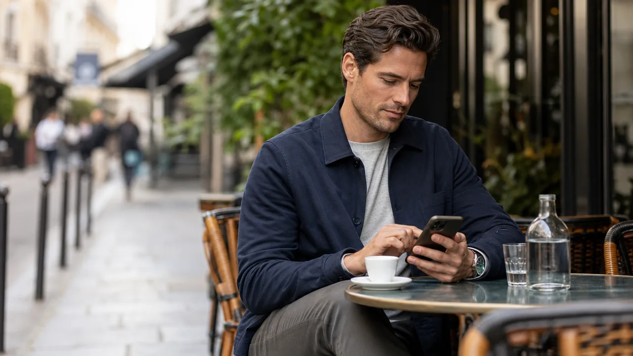 A man checking a website on his phone at a café table